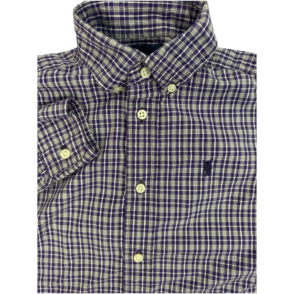Ralph Lauren Boys' Purple Checkered Button‎ Down Cotton Shirt, Logo, Size 5